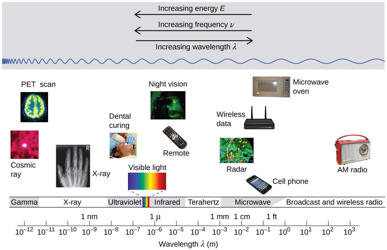 The figure includes a portion of the electromagnetic spectrum which extends from gamma radiation at the far left through x-ray, ultraviolet, visible, infrared, terahertz, and microwave to broadcast and wireless radio at the far right. At the top of the figure, inside a grey box, are three arrows. The first points left and is labeled, “Increasing energy E.” A second arrow is placed just below the first which also points left and is labeled, “Increasing frequency nu.” A third arrow is placed just below which points right and is labeled, “Increasing wavelength lambda.” Inside the grey box near the bottom is a blue sinusoidal wave pattern that moves horizontally through the box. At the far left end, the waves are short and tightly packed. They gradually lengthen moving left to right across the figure, resulting in significantly longer waves at the right end of the diagram. Beneath the grey box are a variety of photos aligned above the names of the radiation types and a numerical scale that is labeled, “Wavelength lambda ( m ).” This scale runs from 10 superscript negative 12 meters under gamma radiation increasing by powers of ten to a value of 10 superscript 3 meters at the far right under broadcast and wireless radio. X-ray appears around 10 superscript negative 10 meters, ultraviolet appears in the 10 superscript negative 8 to 10 superscript negative 7 range, visible light appears between 10 superscript negative 7 and 10 superscript negative 6, infrared appears in the 10 superscript negative 6 to 10 superscript negative 5 range, teraherz appears in the 10 superscript negative 4 to 10 superscript negative 3 range, microwave infrared appears in the 10 superscript negative 2 to 10 superscript negative 1 range, and broadcast and wireless radio extend from 10 to 10 superscript 3 meters. Labels above the scale are placed to indicate 1 n m at 10 superscript negative 9 meters, 1 micron at 10 superscript negative 6 meters, 1 millimeter at 10 superscript negative 3 meters, 1 centimeter at 10 superscript negative 2 meters, and 1 foot between 10 superscript negative 1 meter and 10 superscript 0 meters. A variety of images are placed beneath the grey box and above the scale in the figure to provide examples of related applications that use the electromagnetic radiation in the range of the scale beneath each image. The photos on the left above gamma radiation show cosmic rays and a multicolor PET scan image of a brain. A black and white x-ray image of a hand appears above x-rays. An image of a patient undergoing dental work, with a blue light being directed into the patient's mouth is labeled, “dental curing,” and is shown above ultraviolet radiation. Between the ultraviolet and infrared labels is a narrow band of violet, indigo, blue, green, yellow, orange, and red colors in narrow, vertical strips. From this narrow band, two dashed lines extend a short distance above to the left and right of an image of the visible spectrum. The image, which is labeled, “visible light,” is just a broader version of the narrow bands of color in the label area. Above infrared are images of a television remote and a black and green night vision image. At the left end of the microwave region, a satellite radar image is shown. Just right of this and still above the microwave region are images of a cell phone, a wireless router that is labeled, “wireless data,” and a microwave oven. Above broadcast and wireless radio are two images. The left most image is a black and white medical ultrasound image. A wireless AM radio is positioned at the far right in the image, also above broadcast and wireless radio.