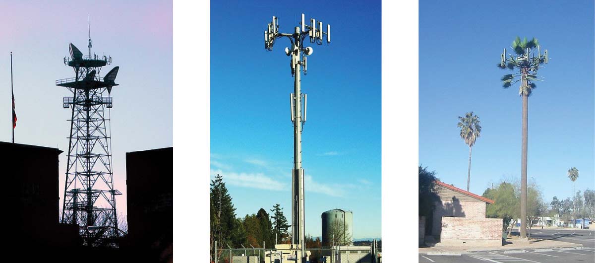 This figure consists of three cell phone tower images. The first involves a structure that uses a significant degree of scaffolding. The second image includes a tower with what appears to be a base that is essentially a large pole that branches out at the very top. The third image shows a cell phone tower that appears to be disguised as a palm tree.